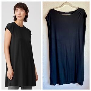 Eileen Fisher Black Viscose Jersey Bateau Boat Neck Cap Sleeve Casual Dress M
